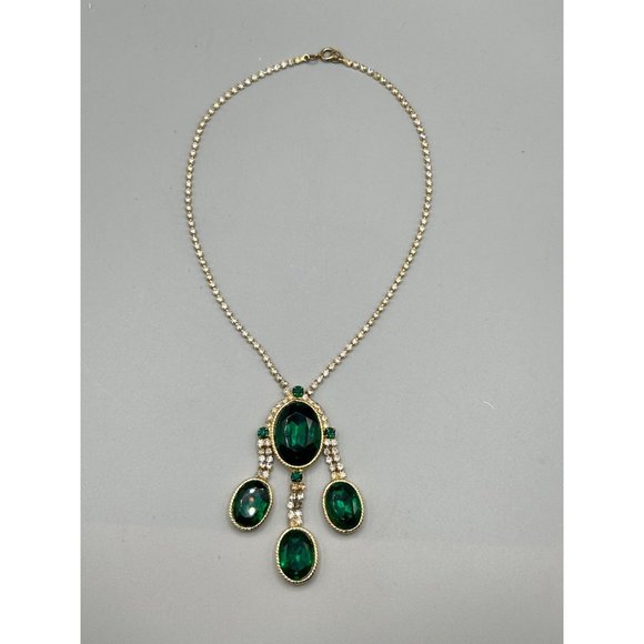 Rhinestones & Green Emerald Glass Stones Necklace Clear & Green Prong Set Stones - Picture 2 of 9